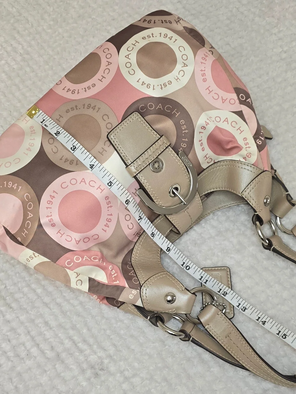 Coach Ashley Signature Circle Print Hobo Bag Pink Tan Canvas Leather Trim - Picture 11 of 12